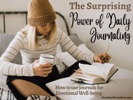 Young girl with mug sitting on bed and writting her daily journal for emotional well-being