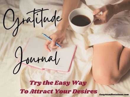 Lady sitting od bed with coffe cup writing in her gratitude journal to attract desires
